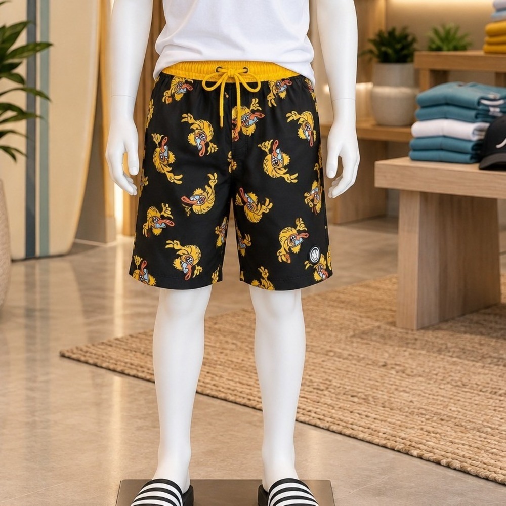 Neff Boys 2XL Black Yellow Fired Up Pucky AOP Swim Trunks Shorts New